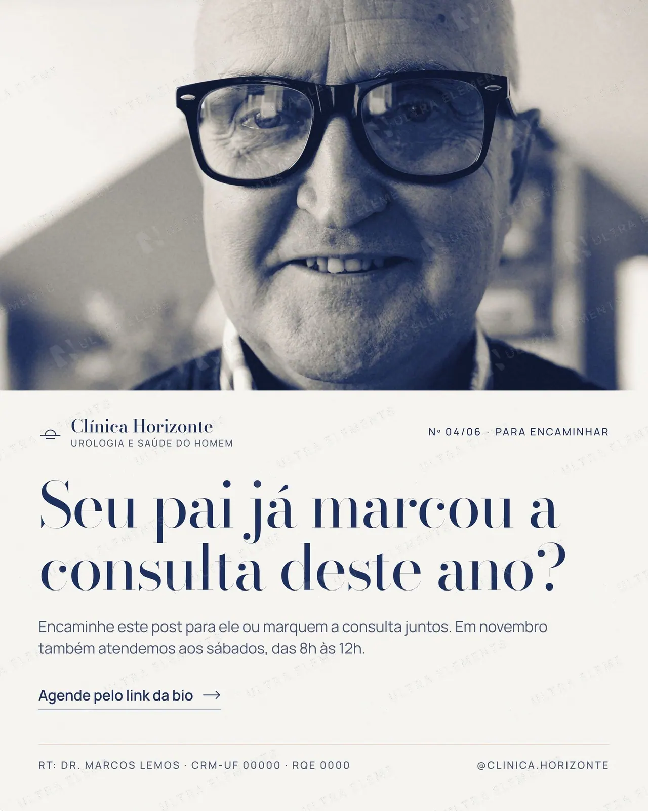 Post Novembro Azul: "Seu pai já marcou a consulta deste ano?" com foto em duotone azul (feed)