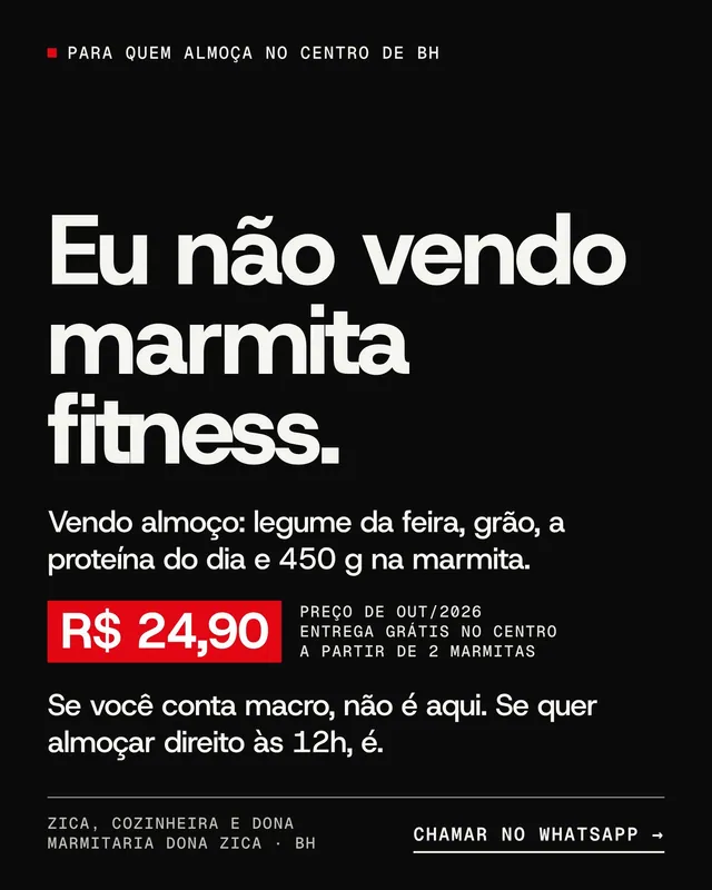 Anúncio nativo lo-fi para Meta Ads em texto puro no fundo preto “Eu não vendo marmita fitness” (feed + story)
