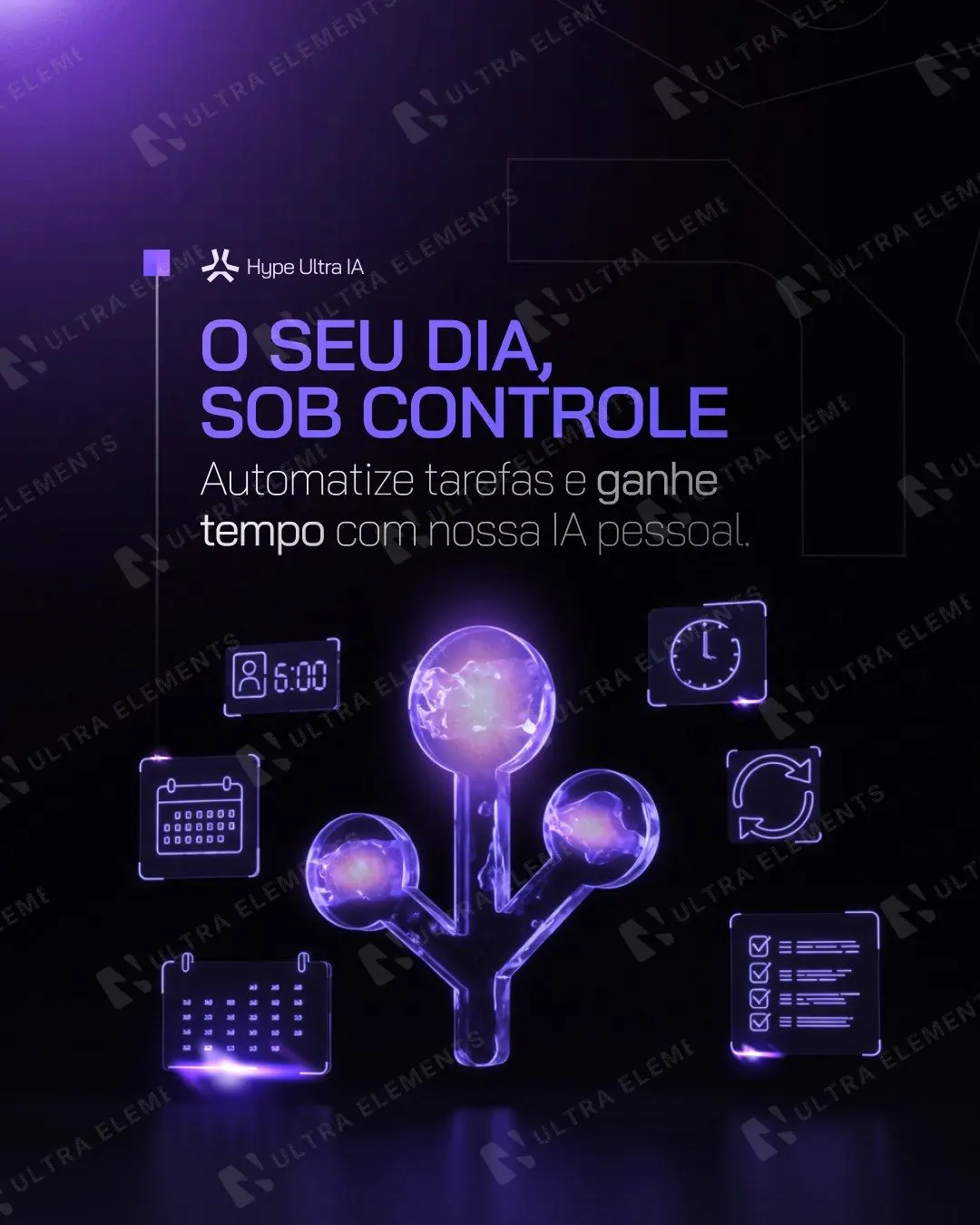 Post SaaS de IA neon: "O seu dia, sob controle" com ícones holográficos (feed)