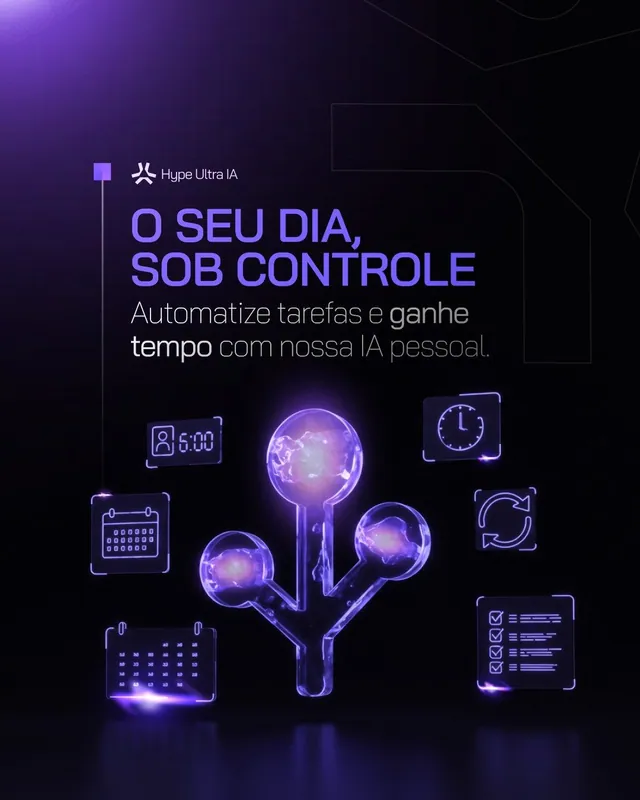Post SaaS de IA neon: "O seu dia, sob controle" com ícones holográficos (feed)