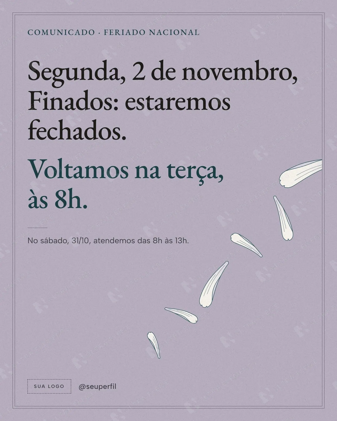 Post Comunicado de Finados 02/11: estaremos fechados, voltamos na terça, em lilás com pétalas soltas
