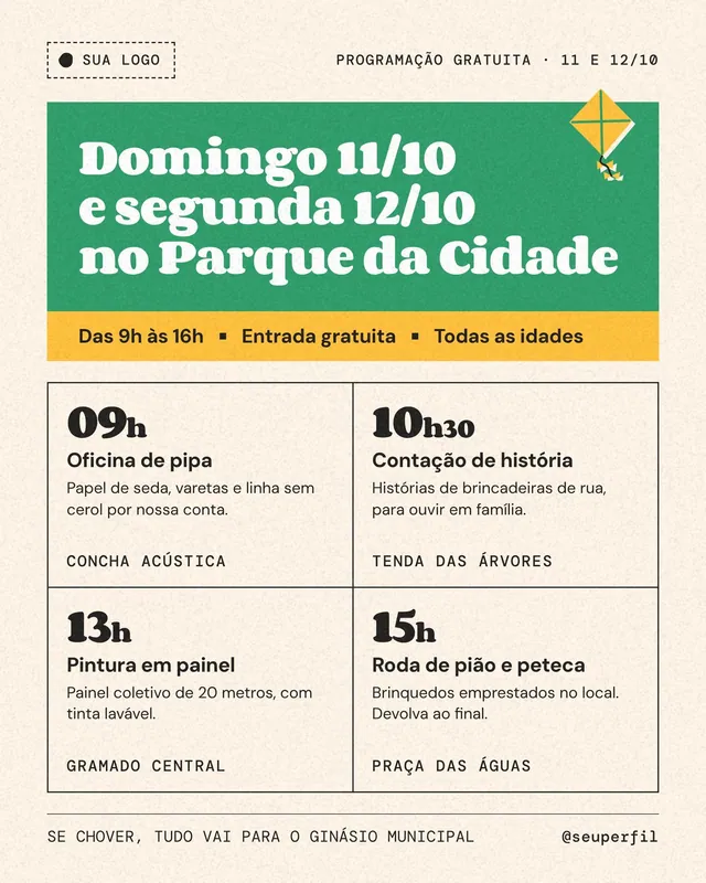 Post Dia das Crianças 11 e 12/10 programação gratuita no parque: grade de 4 horários
