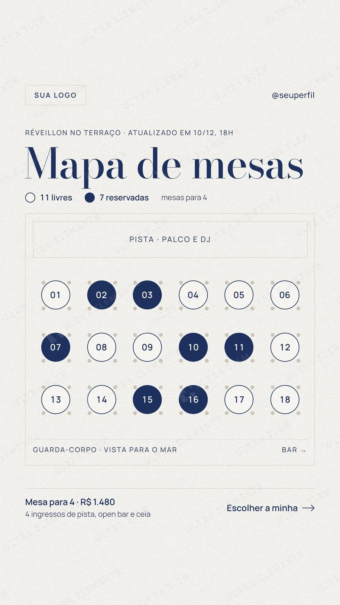 Story Réveillon mapa de mesas: grade editável com 18 mesas livres e reservadas — imagem 1 de 2