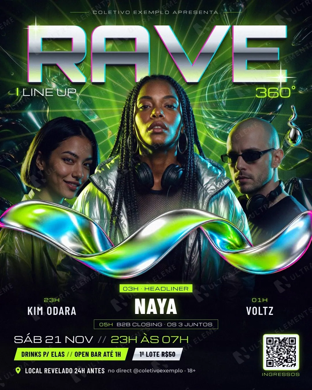 Rave 360° line-up: 3 DJs com horários de set, fita de cromo líquido e lasers verde-ácido no galpão (feed + story) — imagem 1 de 3