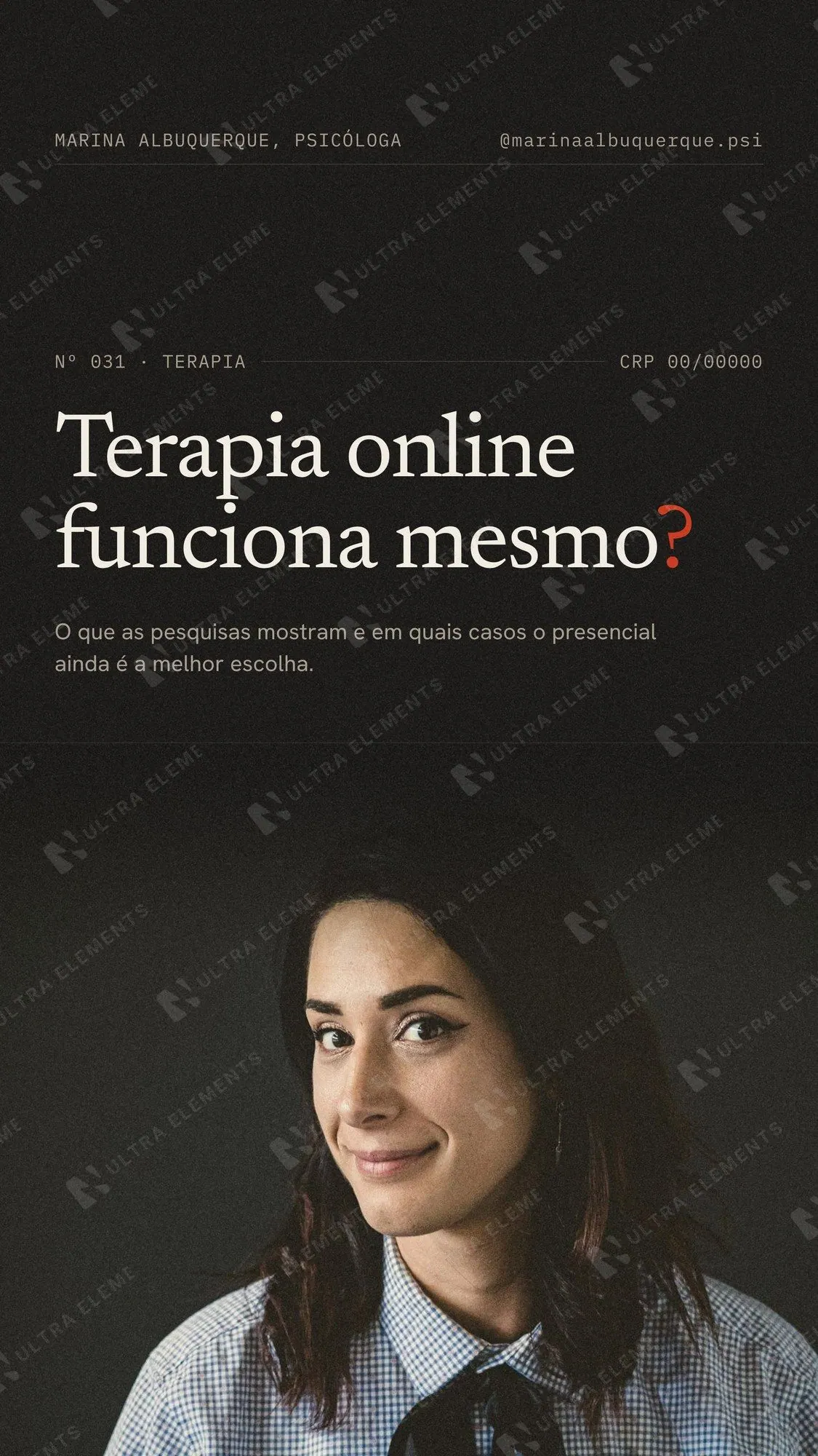 Capa de Reels para psicóloga estilo revista em fundo escuro: pergunta Terapia online funciona? — imagem 1 de 3