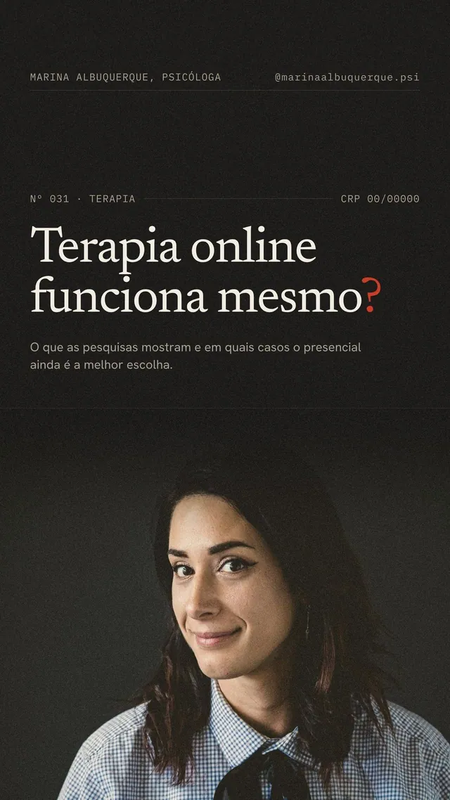 Capa de Reels para psicóloga estilo revista em fundo escuro: pergunta Terapia online funciona?