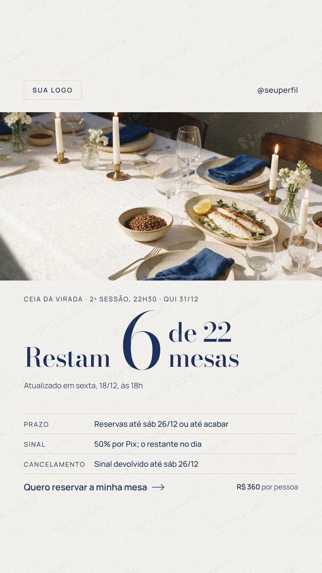 Story Ceia da Virada últimas mesas: restam 6 de 22, com prazo, sinal e cancelamento