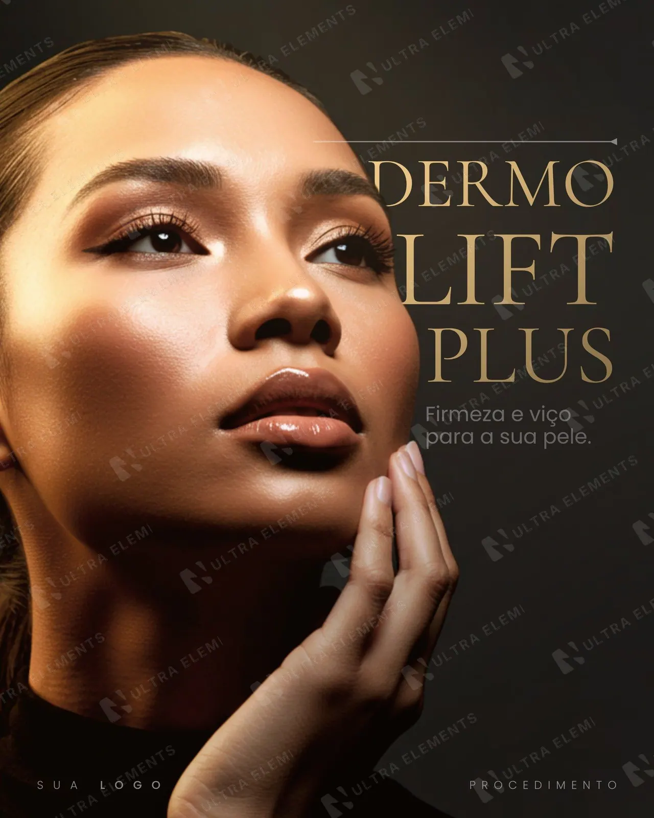 Post clínica de estética: Dermo Lift Plus, retrato em fundo escuro e título dourado (feed)