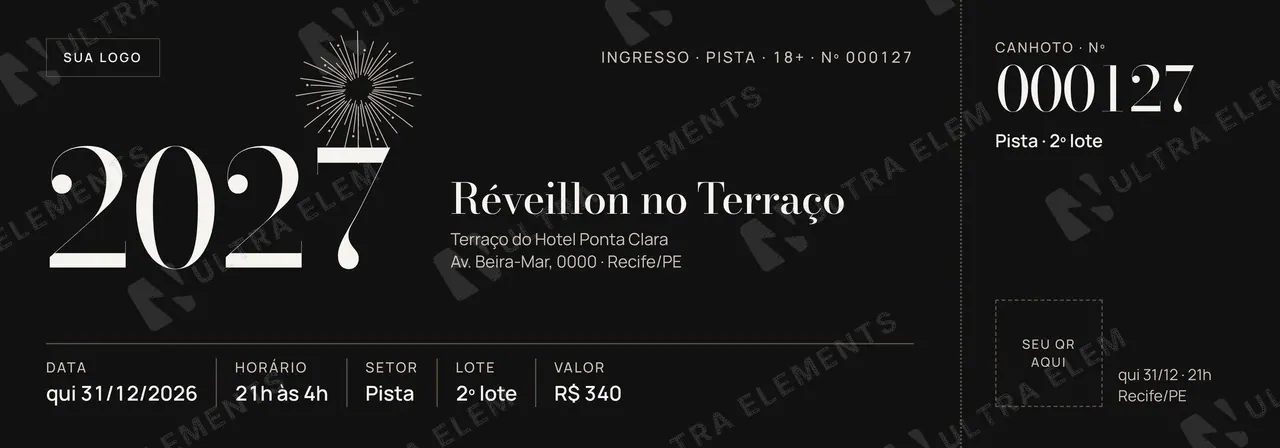 Ingresso Réveillon 2027 2000×700 numerado com canhoto: Pista (noite) e Mesa para 4 (dia) — imagem 1 de 2