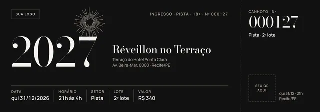 Ingresso Réveillon 2027 2000×700 numerado com canhoto: Pista (noite) e Mesa para 4 (dia)
