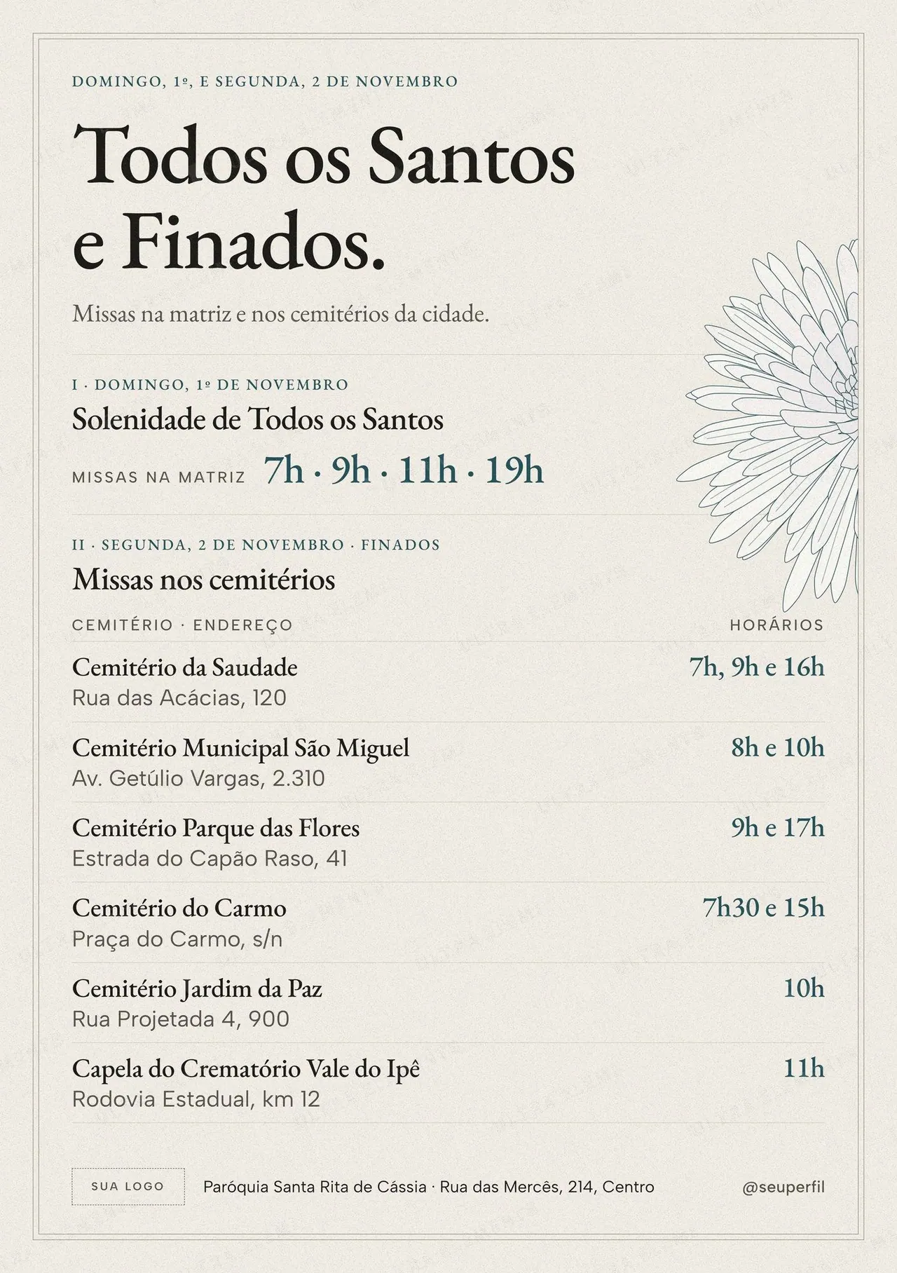 Flyer A5 Todos os Santos e Finados para a porta da igreja: missas na matriz e nos cemitérios