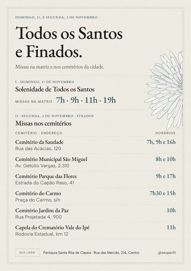 Flyer A5 Todos os Santos e Finados para a porta da igreja: missas na matriz e nos cemitérios