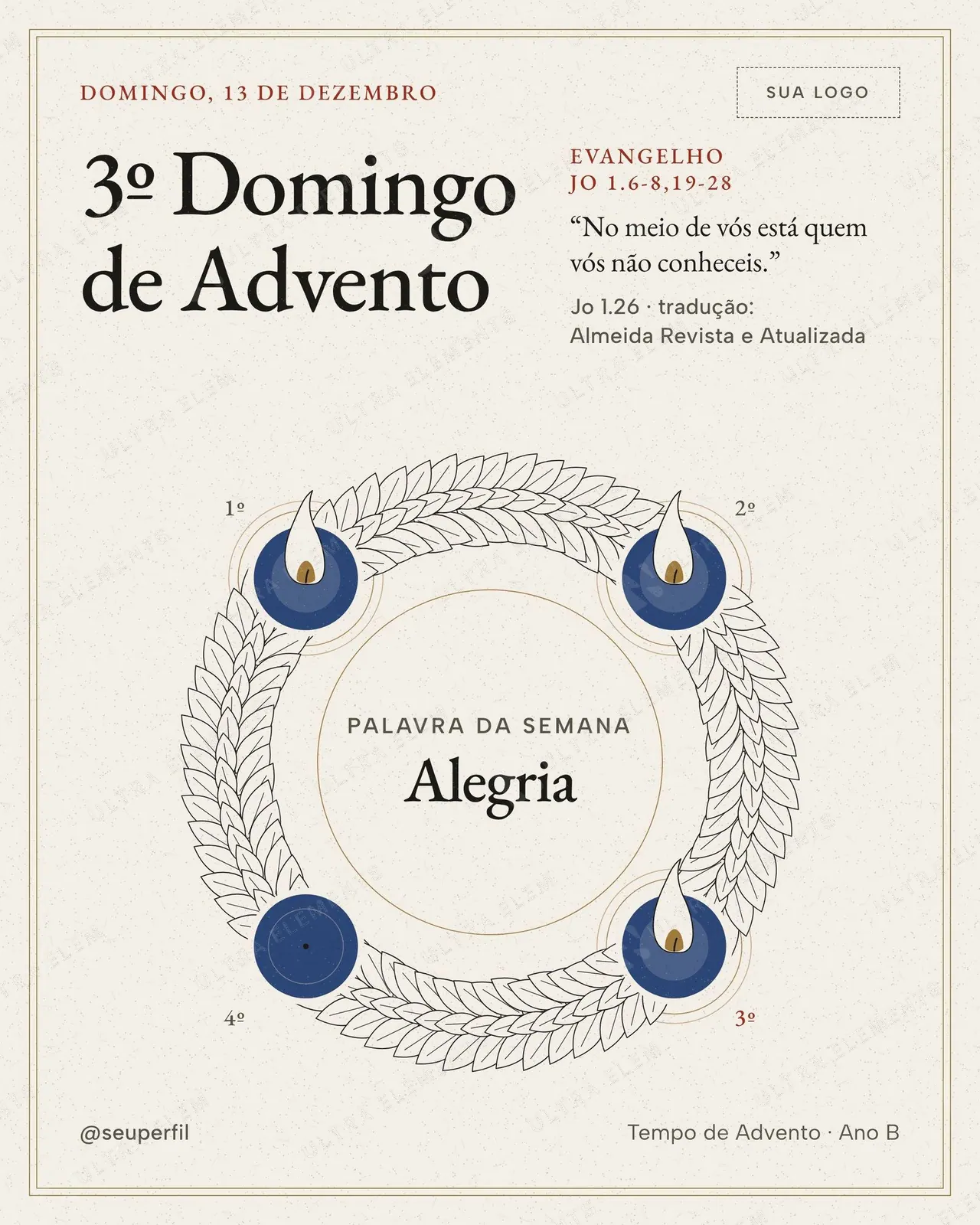 Post 3º Domingo de Advento (luterana): 3 velas azuis acesas, Alegria e Jo 1.26 — imagem 1 de 2