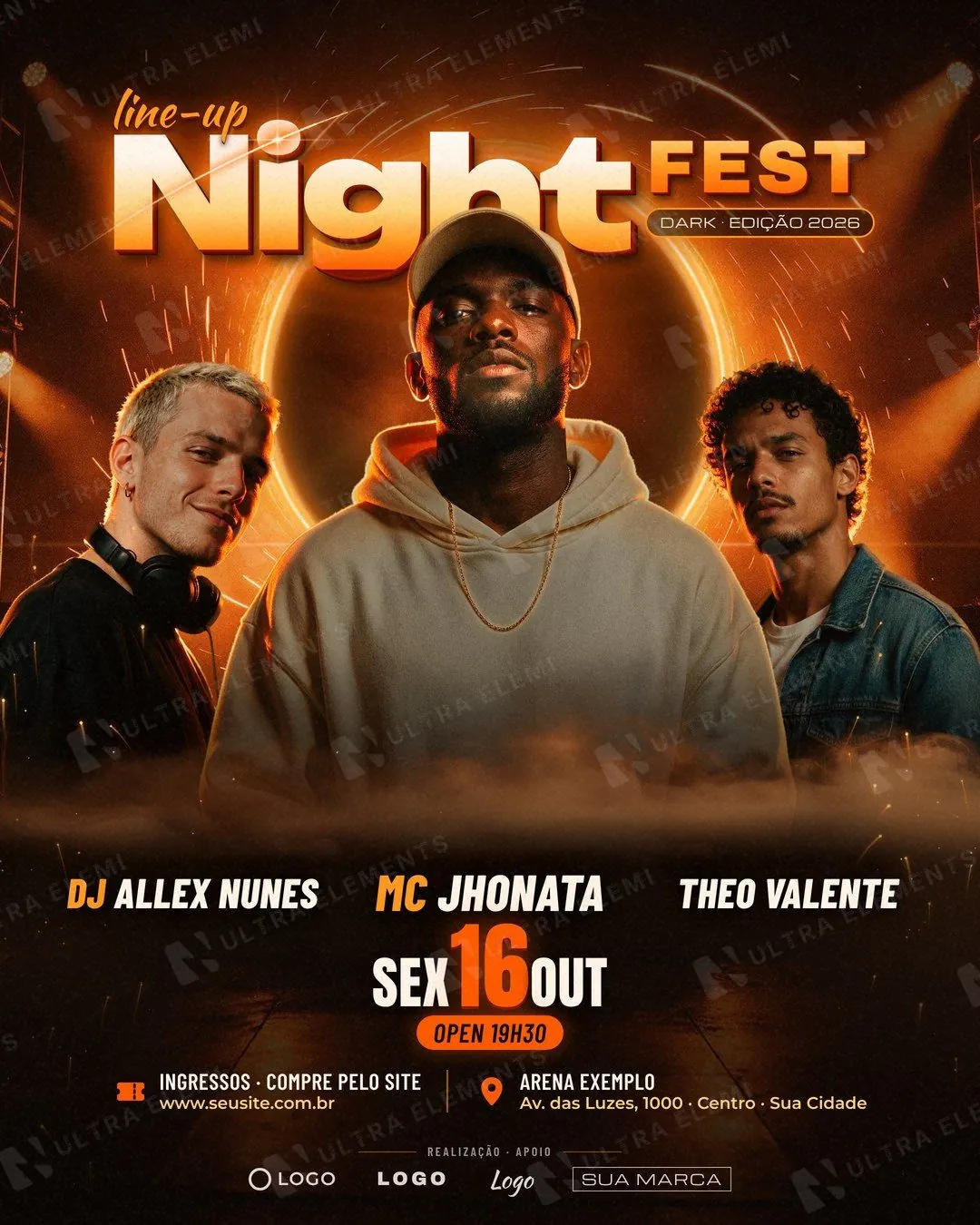 Flyer Night Fest com 3 atrações e portal de luz laranja: line-up de show para feed, story e A5 com sangria — imagem 1 de 4