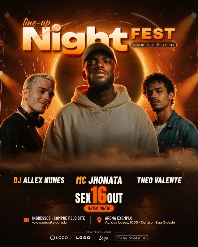 Flyer Night Fest com 3 atrações e portal de luz laranja: line-up de show para feed, story e A5 com sangria