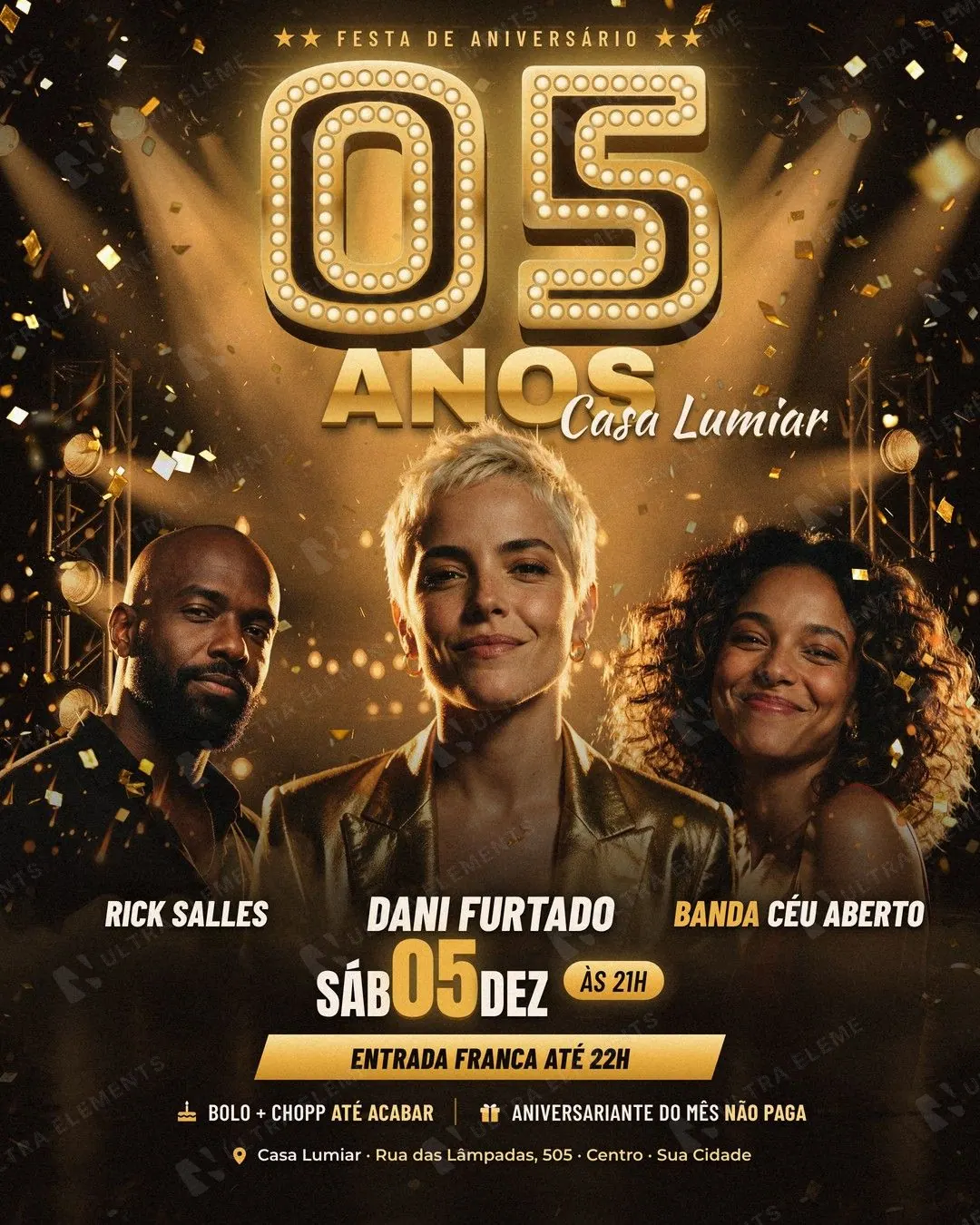 Aniversário da Casa 5 anos: letreiro de lâmpadas dourado com '05' gigante, confete e line-up de 3 atrações (feed + story) — imagem 1 de 4