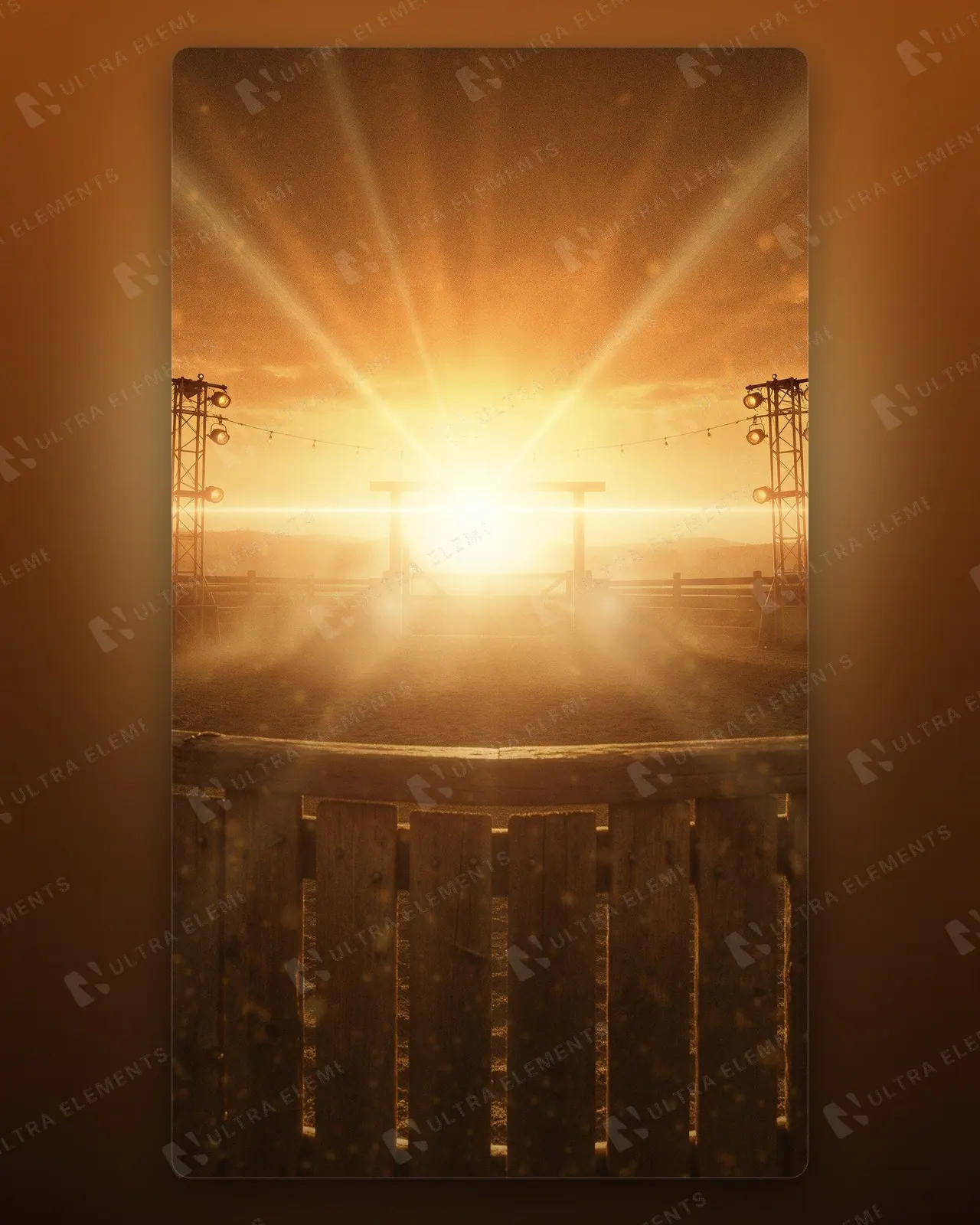Cenário de arena de rodeio ao pôr do sol com raios de luz, refletores e porteira (feed e story) — imagem 1 de 3