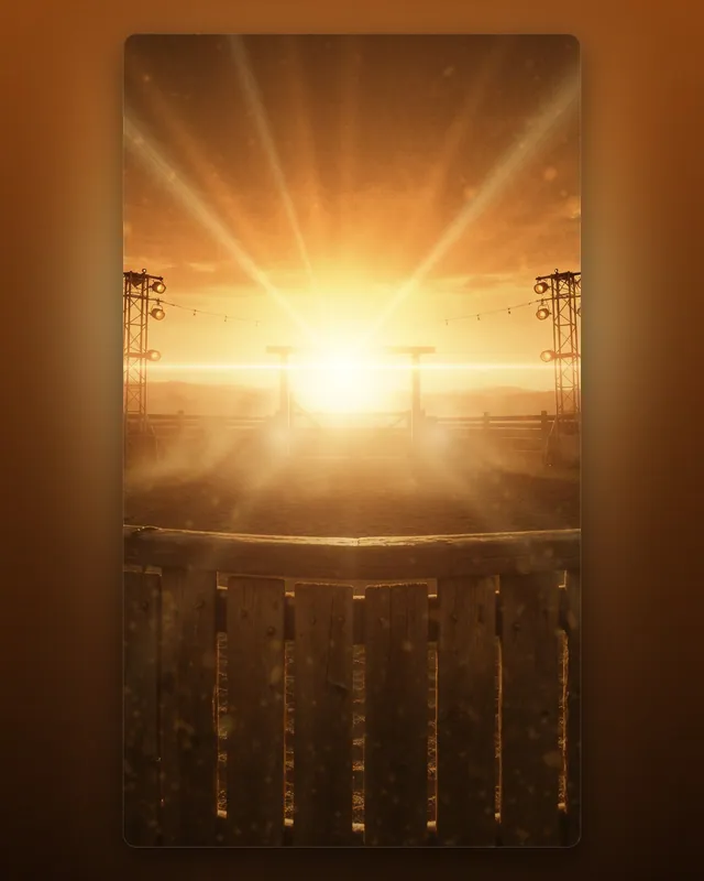 Cenário de arena de rodeio ao pôr do sol com raios de luz, refletores e porteira (feed e story)