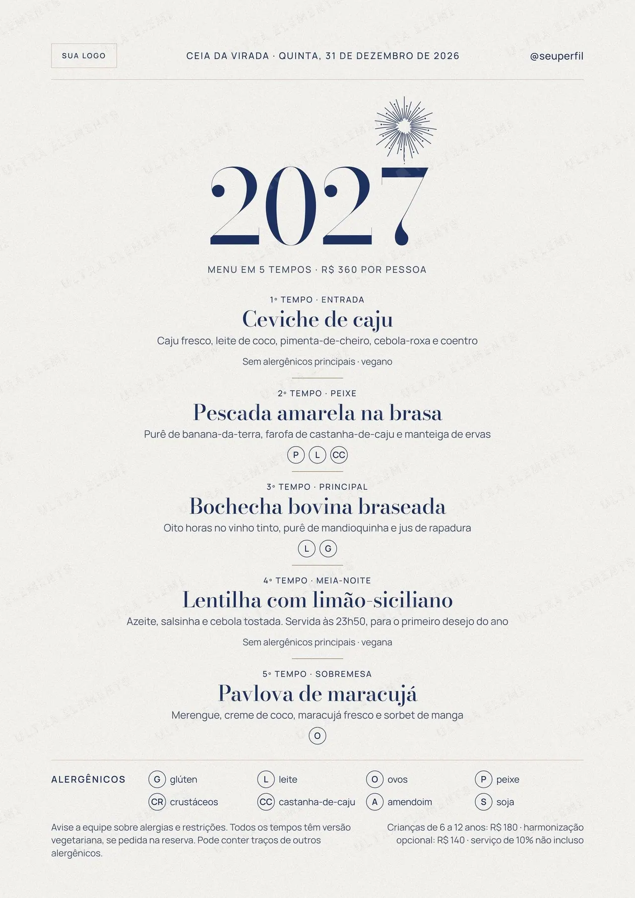 Cardápio A4 da Ceia da Virada 2027 para mesa: 5 tempos com alergênicos e PDF para impressão — imagem 1 de 2