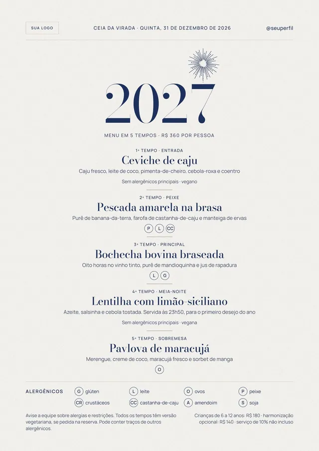 Cardápio A4 da Ceia da Virada 2027 para mesa: 5 tempos com alergênicos e PDF para impressão