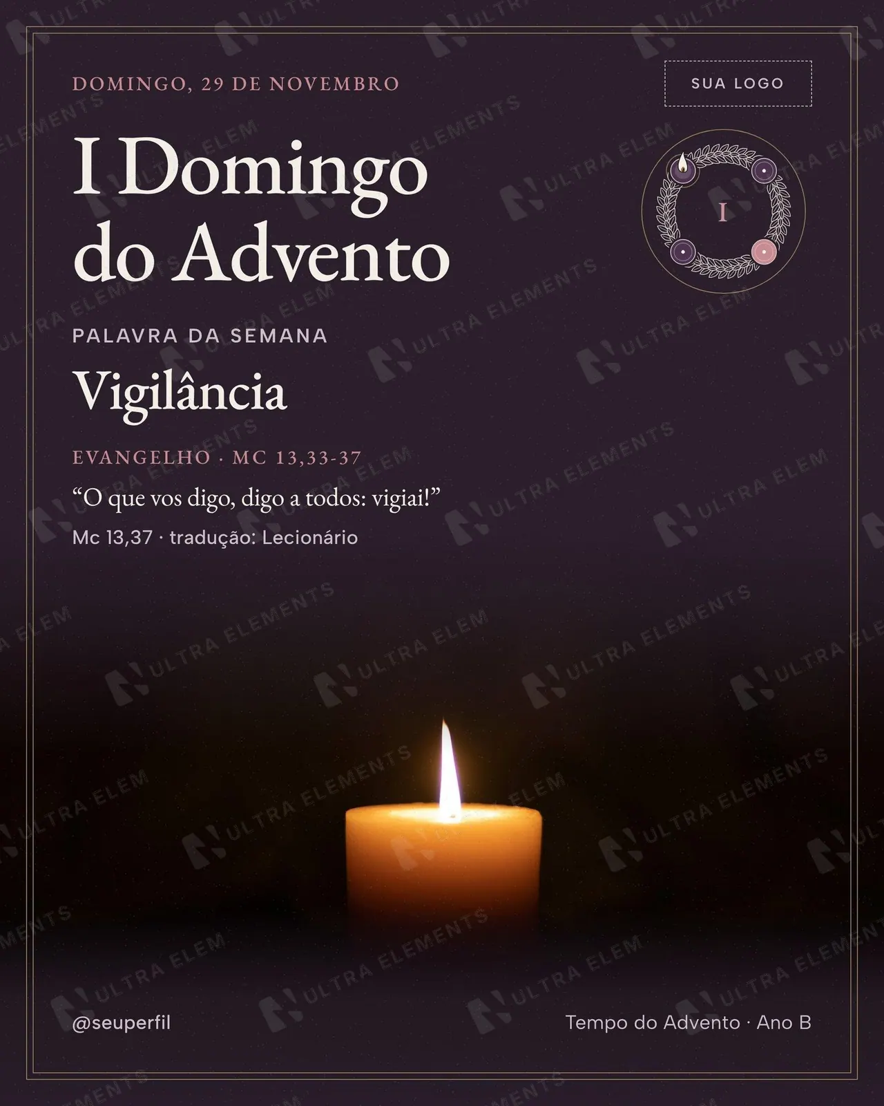 Post e story I Domingo do Advento com foto: vela única no escuro e selo da coroa — imagem 1 de 2
