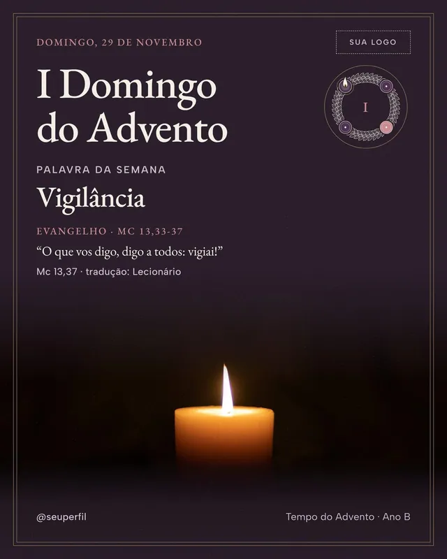 Post e story I Domingo do Advento com foto: vela única no escuro e selo da coroa