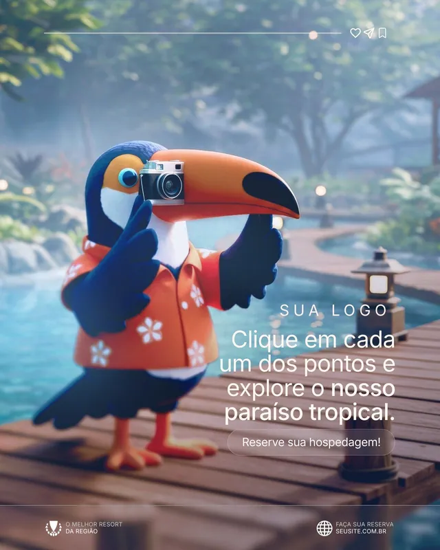 Post resort com mascote tucano 3D: tucano fotógrafo no deck da piscina (feed)