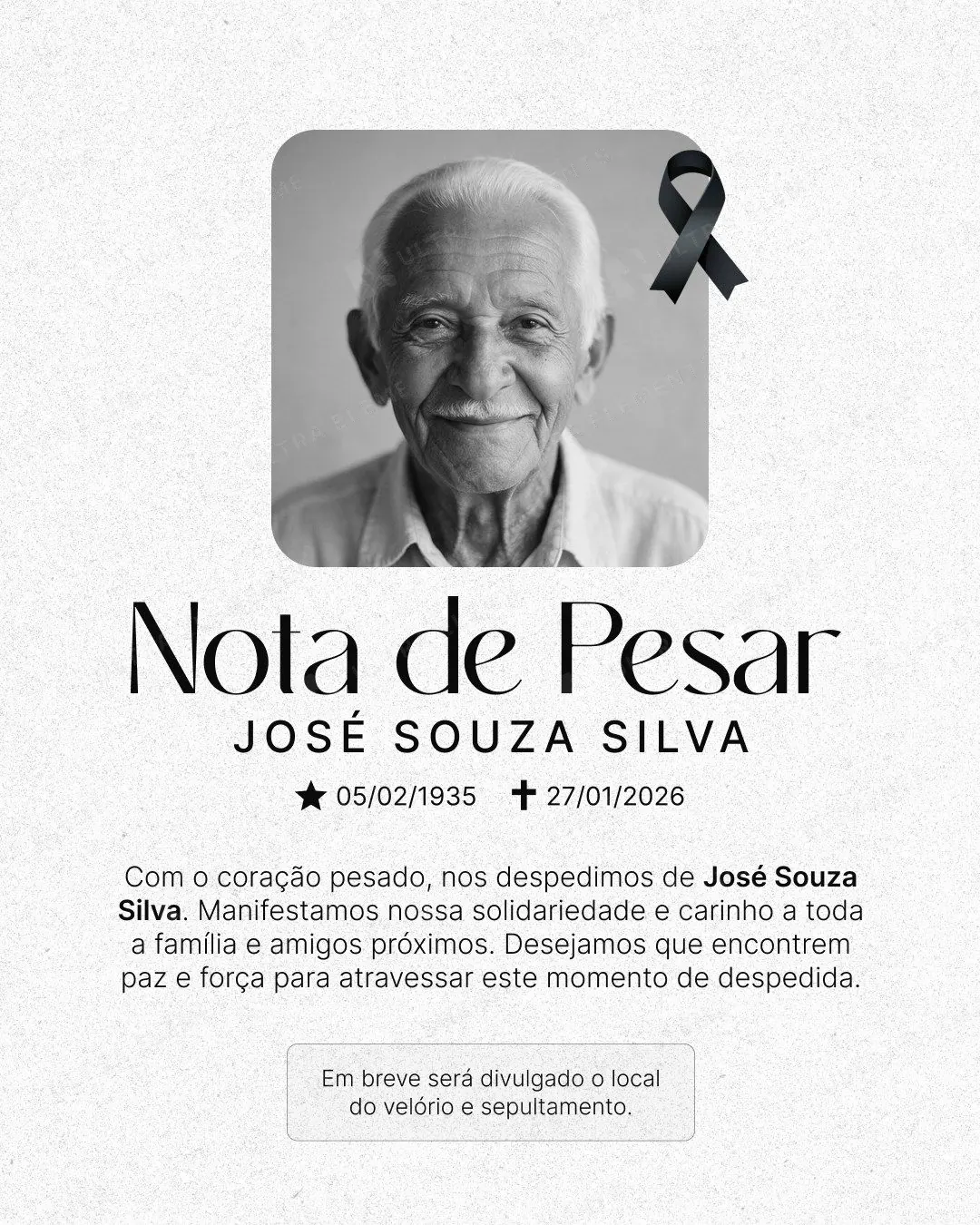 Post Nota de Pesar: foto com laço de luto em fundo claro (feed + story) — imagem 1 de 2