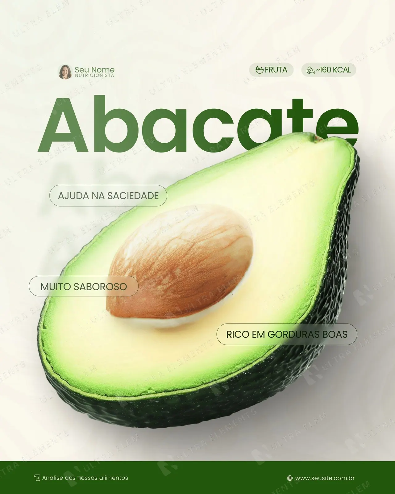 Post nutricionista: Abacate em título gigante com etiquetas de benefícios (feed)