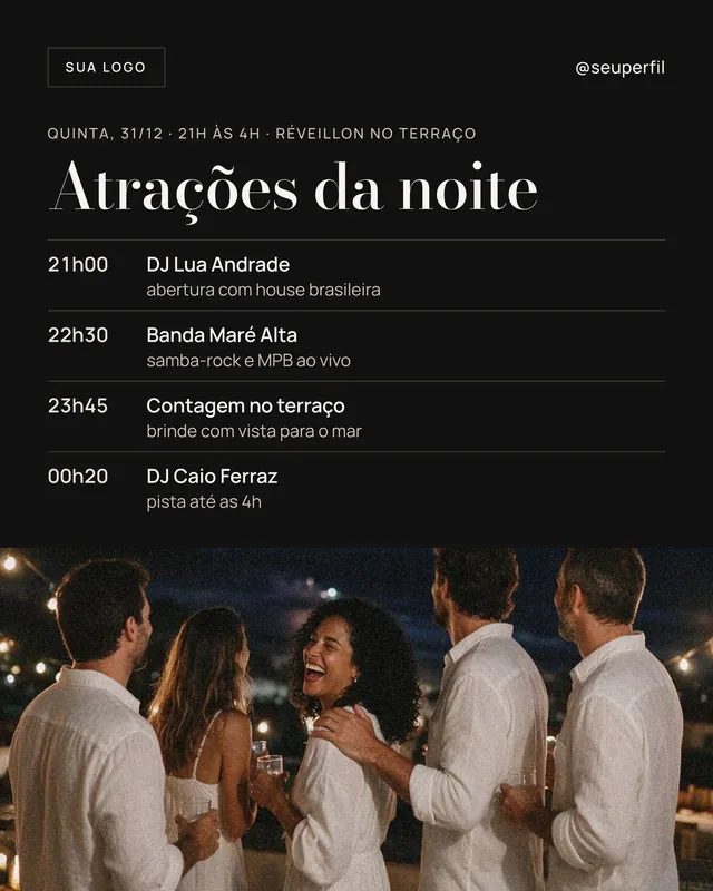 Post Réveillon atrações da noite: line-up com horários e foto de amigos de branco no terraço (feed)