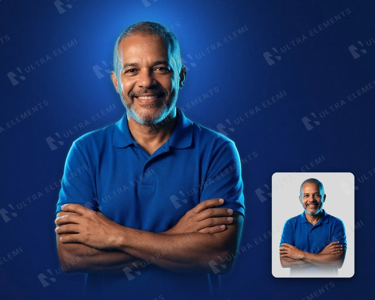 PNG homem pardo de 52 anos sorrindo de polo azul royal e braços cruzados — imagem 1 de 3