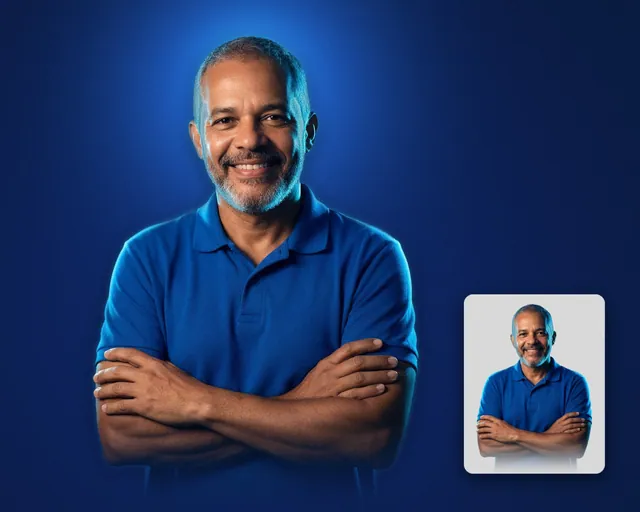 PNG homem pardo de 52 anos sorrindo de polo azul royal e braços cruzados