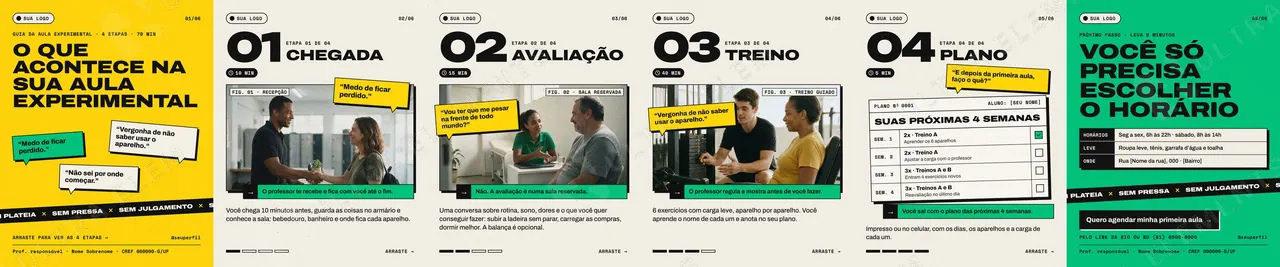 Carrossel de academia “O que acontece na sua aula experimental” em 6 slides neo-brutais — imagem 1 de 9