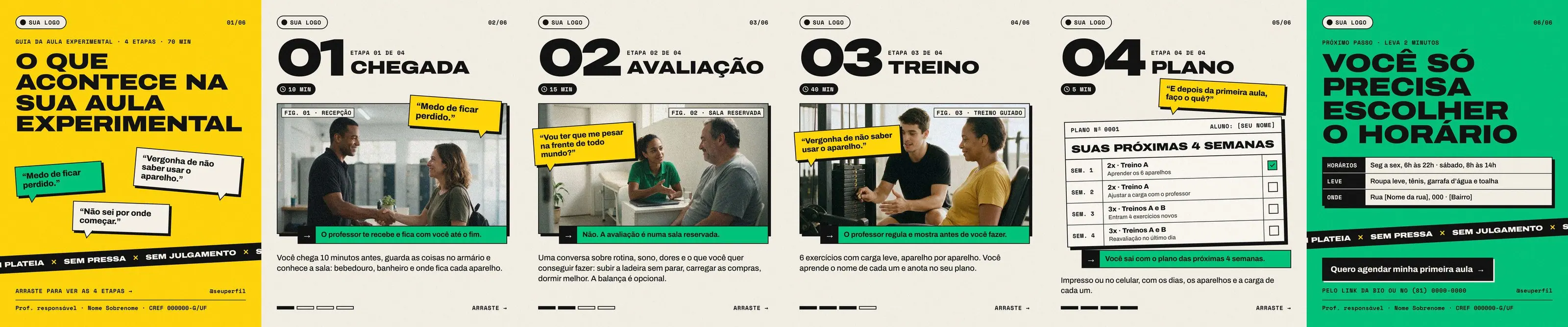 Carrossel de academia “O que acontece na sua aula experimental” em 6 slides neo-brutais