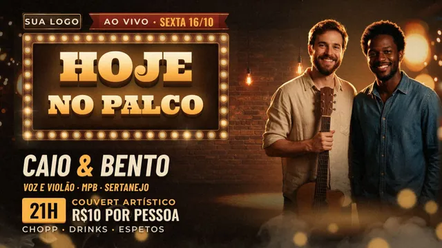 Telão e TV do bar 16:9: Hoje no Palco com dupla de voz e violão, promoção de chopp e próximas noites (3 telas + story + feed)