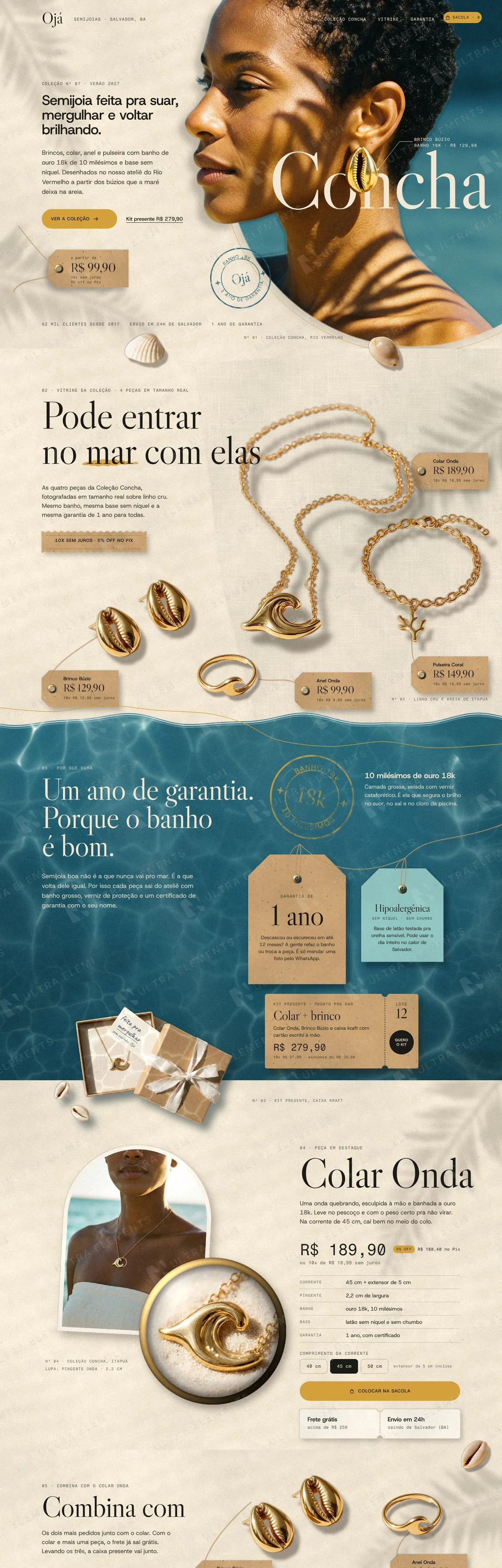 Landing page de coleção de semijoias com vitrine, peça em destaque, banho 18k e garantia (desktop e mobile) — imagem 1 de 8
