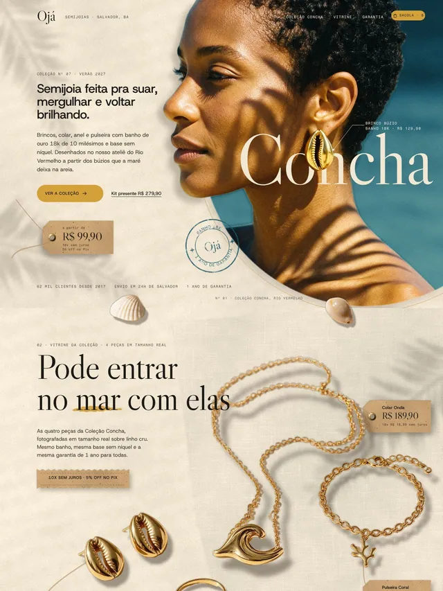 Landing page de coleção de semijoias com vitrine, peça em destaque, banho 18k e garantia (desktop e mobile)