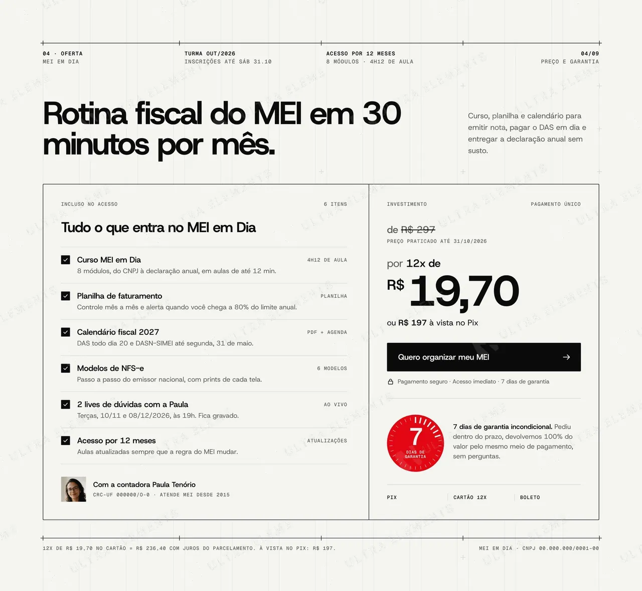 Seção de oferta suíça: card único de/por com 12x, entregáveis e selo de garantia 7 dias — imagem 1 de 4