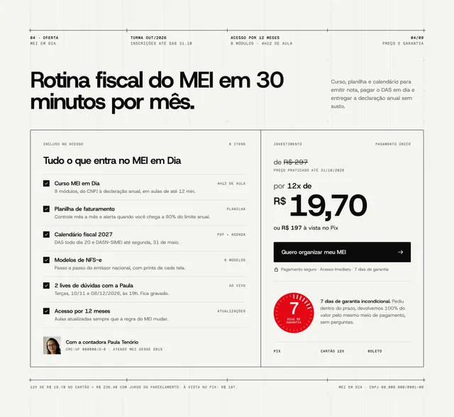 Seção de oferta suíça: card único de/por com 12x, entregáveis e selo de garantia 7 dias