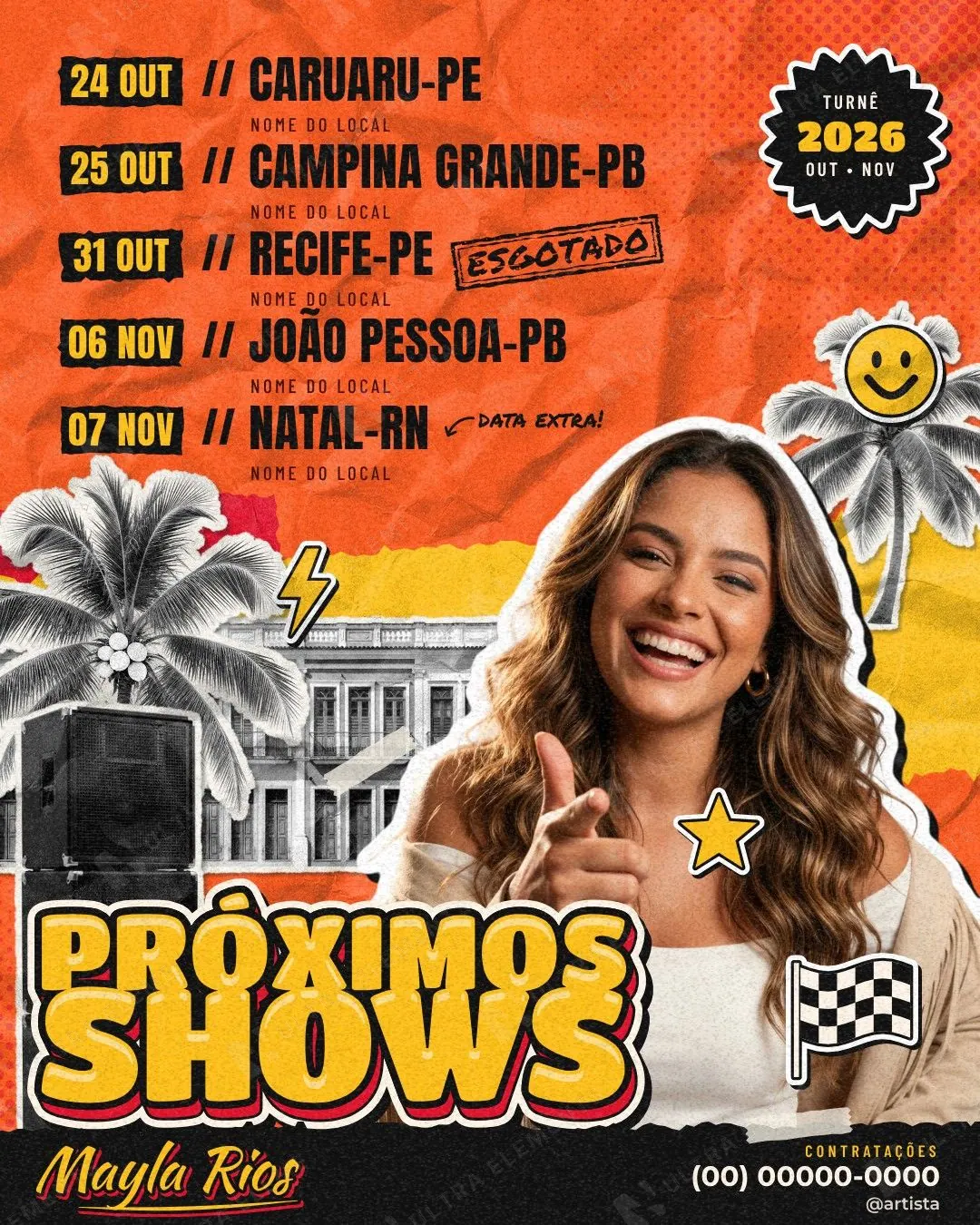 Agenda Próximos Shows de forró e piseiro: colagem com cantora em recorte de adesivo, 5 datas e 4 paletas (feed + story) — imagem 1 de 4
