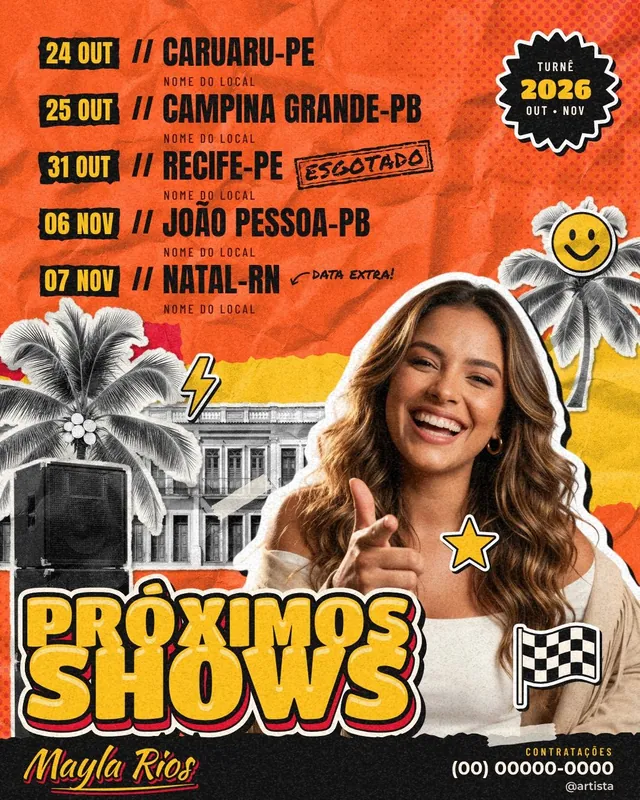 Agenda Próximos Shows de forró e piseiro: colagem com cantora em recorte de adesivo, 5 datas e 4 paletas (feed + story)