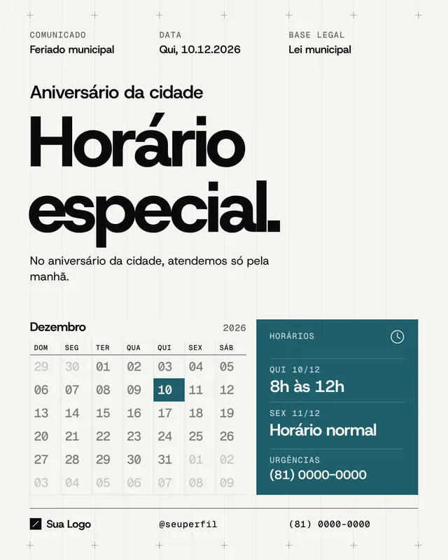 Post e story Comunicado de feriado Aniversário da cidade: calendário com data editável