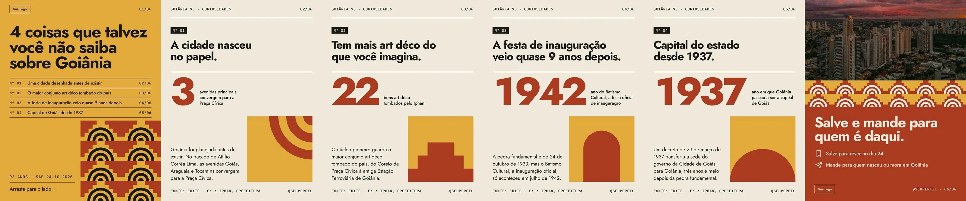 Carrossel Aniversário de cidade: 4 curiosidades sobre Goiânia com número gigante e azulejo (6 slides)
