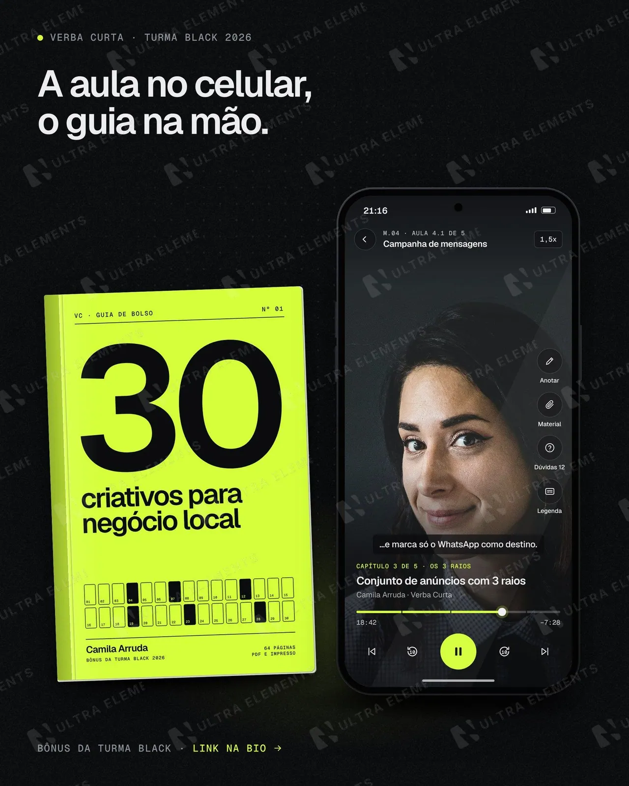 Mockup de curso online para feed 4:5: celular com aula e ebook