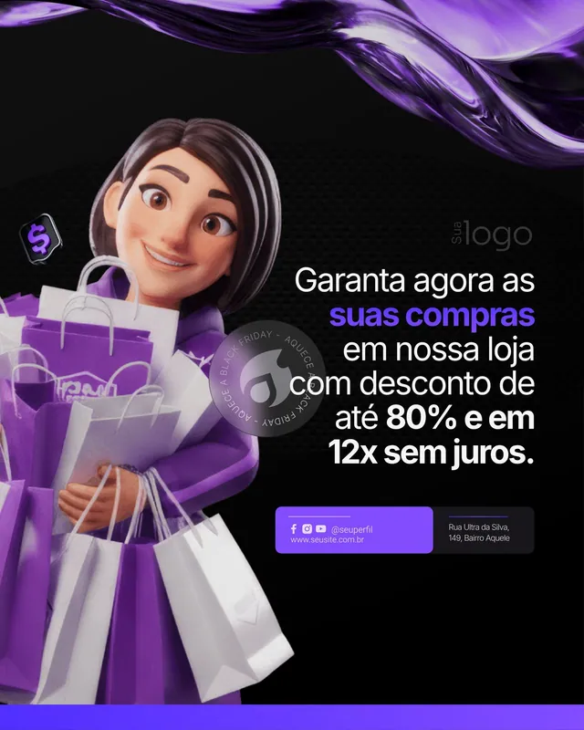 Post Black Friday roxo: mascote 3D com sacolas e 12x sem juros (feed)