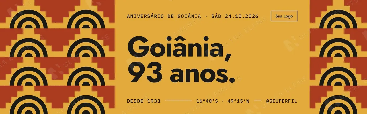 Banner Aniversário de cidade 1920×600: 'Goiânia, 93 anos.' entre colunas de azulejos art déco