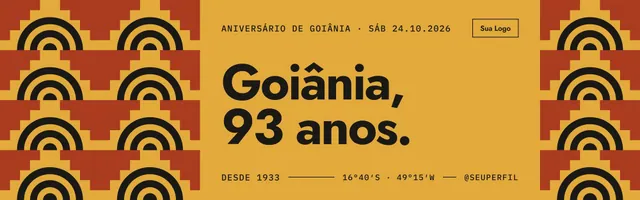 Banner Aniversário de cidade 1920×600: 'Goiânia, 93 anos.' entre colunas de azulejos art déco