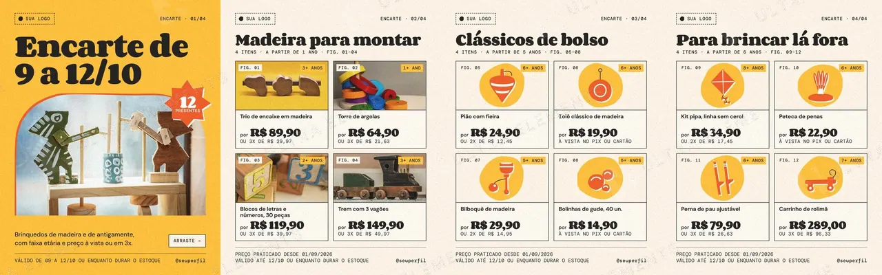 Carrossel encarte Dia das Crianças 9 a 12/10: 12 brinquedos com preço e faixa etária (4 slides) — imagem 1 de 5