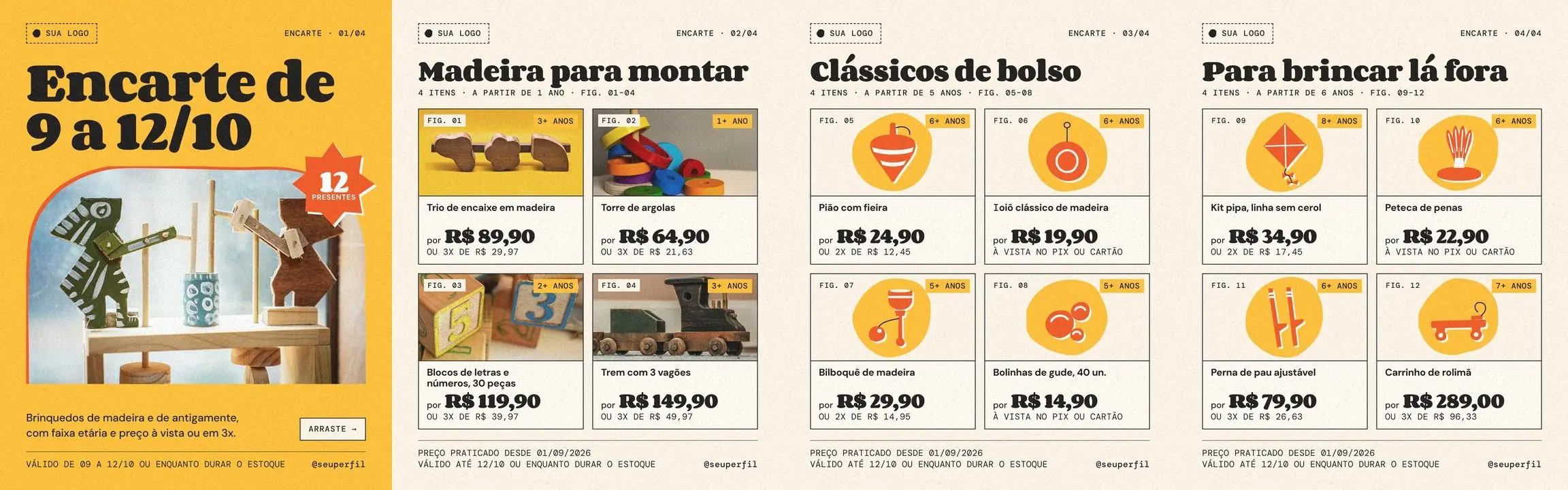 Carrossel encarte Dia das Crianças 9 a 12/10: 12 brinquedos com preço e faixa etária (4 slides)
