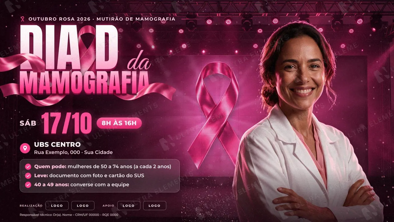 Banner Outubro Rosa Dia D da Mamografia e Caminhada Rosa: palco com telão de LED, laço 3D e médica recortada (telão, site, feed e story) — imagem 1 de 7